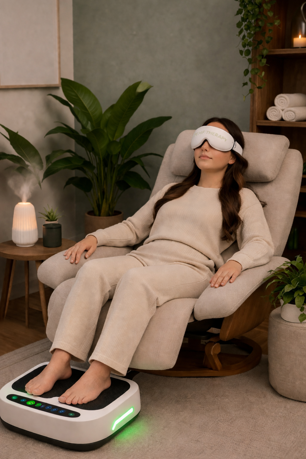 Woman relaxing in a wellness clinic chair using PEMF therapy eye mask